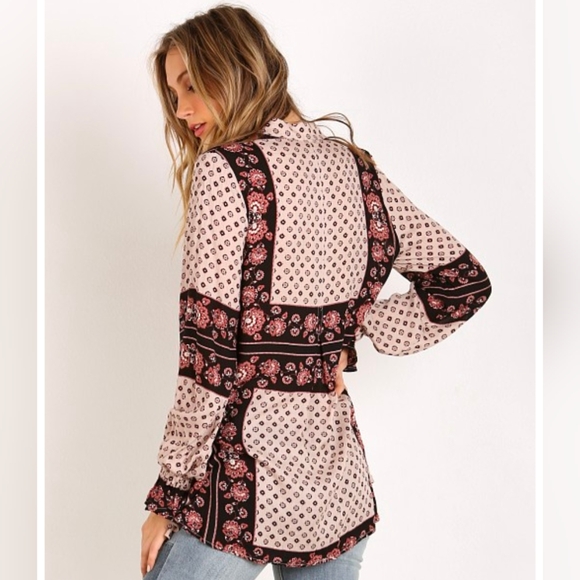 Free People Size Medium Changing Times Printed Tunic, Long Sleeve Boho Blouse - Picture 13 of 13